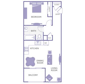 1 bed 1 bath floor plan, kitchen, dining room, living room, balcony, 3 closets