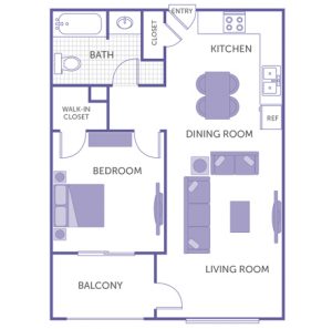 1 bed 1 bath floor plan, kitchen, dining room, living room, balcony, 2 closets