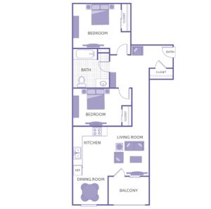 2 bed 1 bath floor plan, kitchen, dining room, living room, balcony, 3 closets