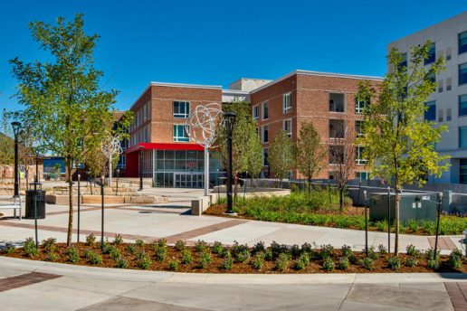 Exterior of Depot Square with landscaping and art sculpture